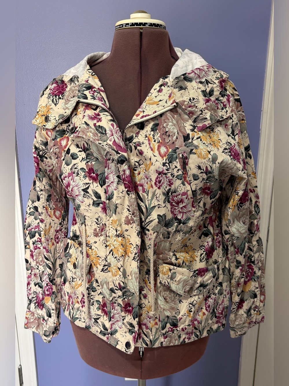 Margot Floral Print Utility Cotton Jacket with Hood Size S